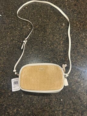 Coach Beige Straw and White Leather Crossbody Bag